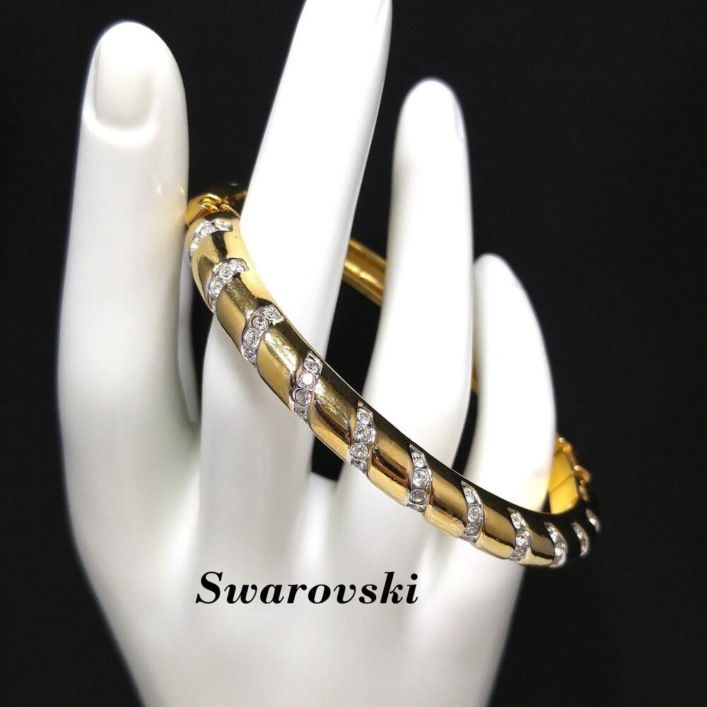 Swarovski Swan Logo Bracelet, Gold Plated Hinged Bangle, Clear Pave Rhinestones